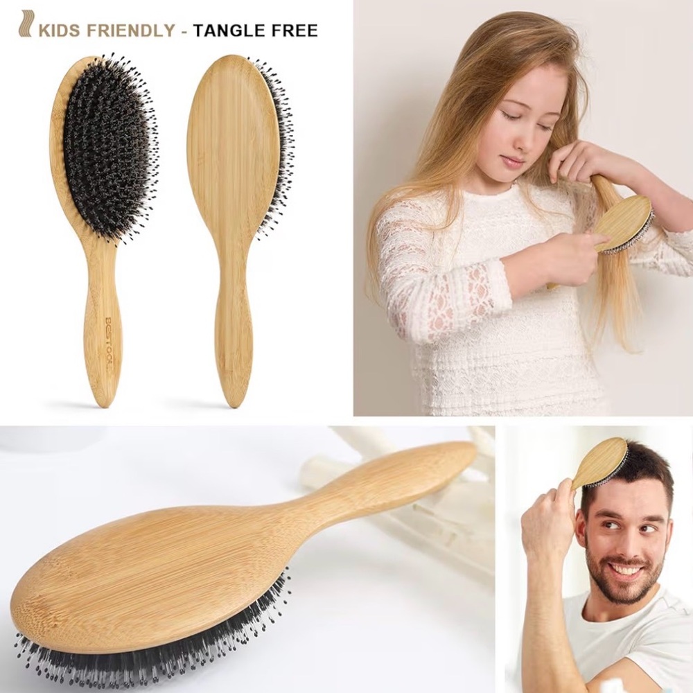 Bamboo Paddle Hair Brush with Black Bristles - Pink Cleaner - Picture 5 of 6